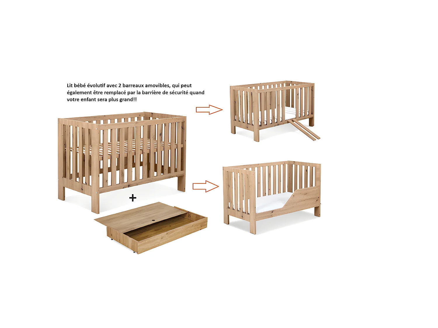 Lit bébé 120x60cm avec tiroir couleur et barrière de sécurité Chêne AMELIE Lit barreaux amovible