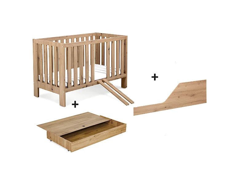 Lit bébé 120x60cm avec tiroir couleur et barrière de sécurité Chêne AMELIE Lit barreaux amovible