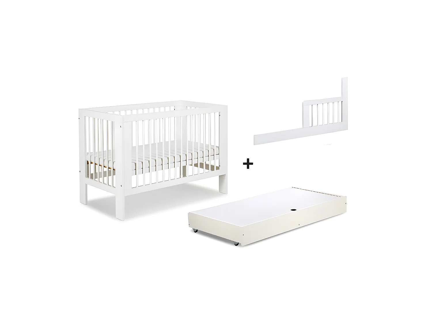 Lit bébé 120x60cm avec tiroir couleur et barrière de sécurité Blanc OLIVE Lit barreaux amovible