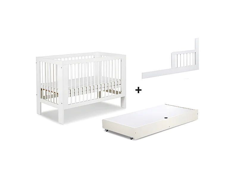 Lit bébé 120x60cm avec tiroir couleur et barrière de sécurité Blanc OLIVE Lit barreaux amovible