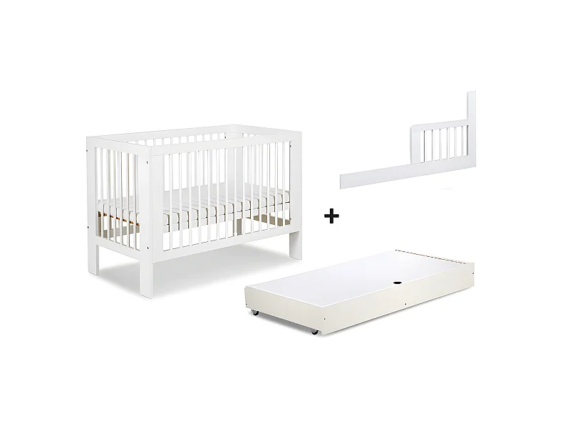 Lit bébé 120x60cm avec tiroir couleur et barrière de sécurité Blanc OLIVE Lit barreaux amovible