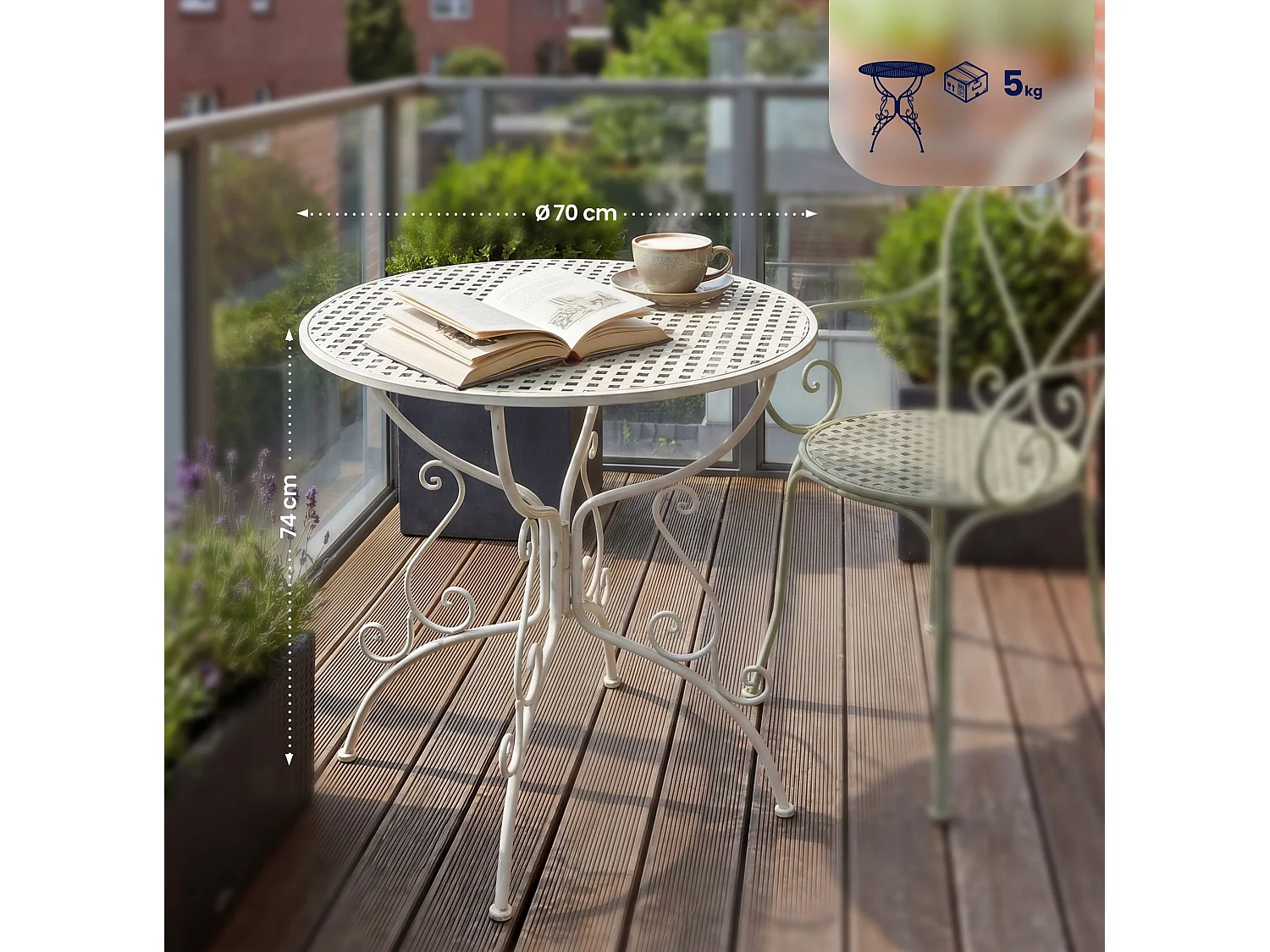 Table d'appoint de jardin - rond Ø 70 cm - Métal - Blanc - Amanda