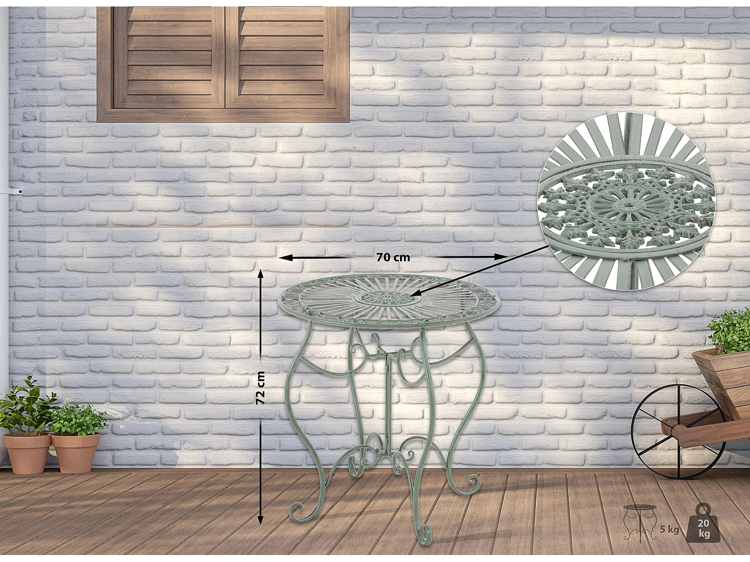 Table d'appoint de jardin - rond Ø 70 cm - Métal - Vert antique - Indra