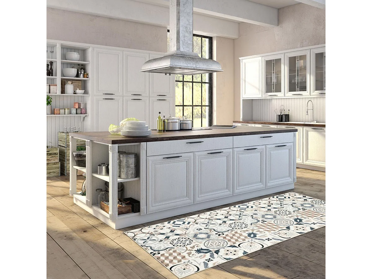 Tapis couloir 80x300 marron et bleu motif carreaux de ciment LYN11 CAROMENT A