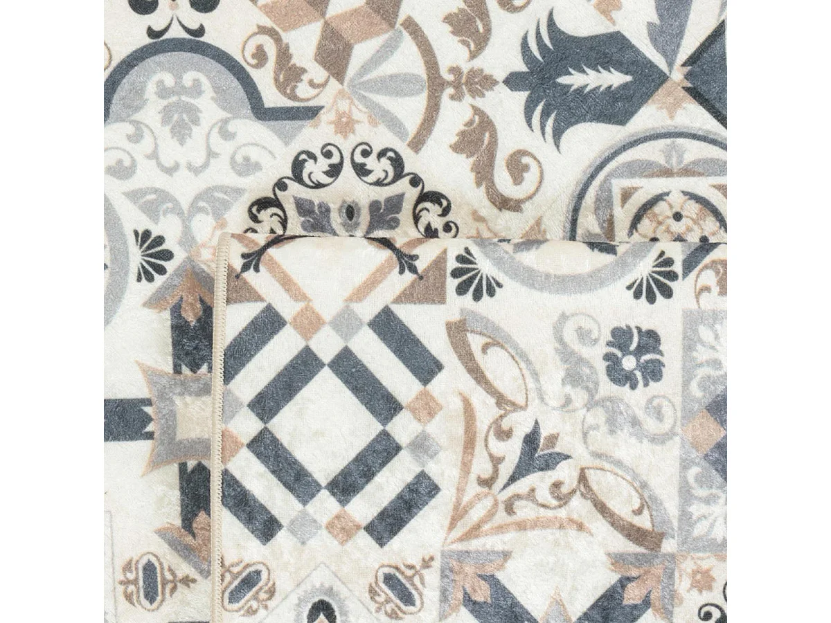 Tapis couloir 80x300 marron et bleu motif carreaux de ciment LYN11 CAROMENT A