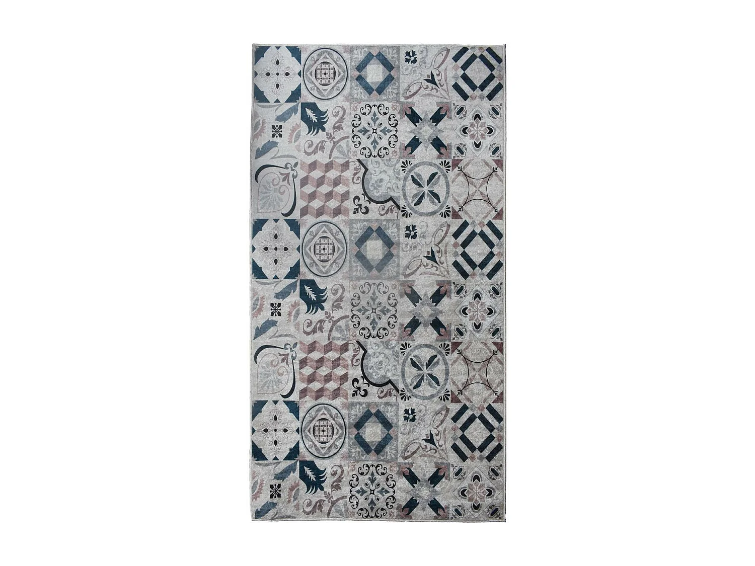 Tapis couloir 80x300 marron et bleu motif carreaux de ciment LYN11 CAROMENT A