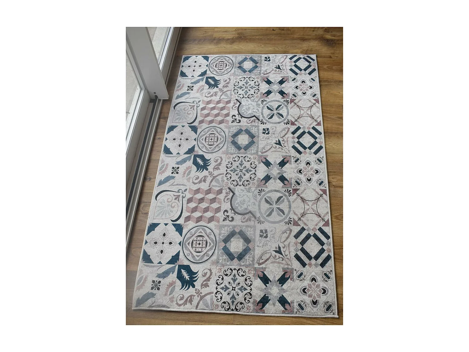 Tapis couloir 80x300 marron et bleu motif carreaux de ciment LYN11 CAROMENT A