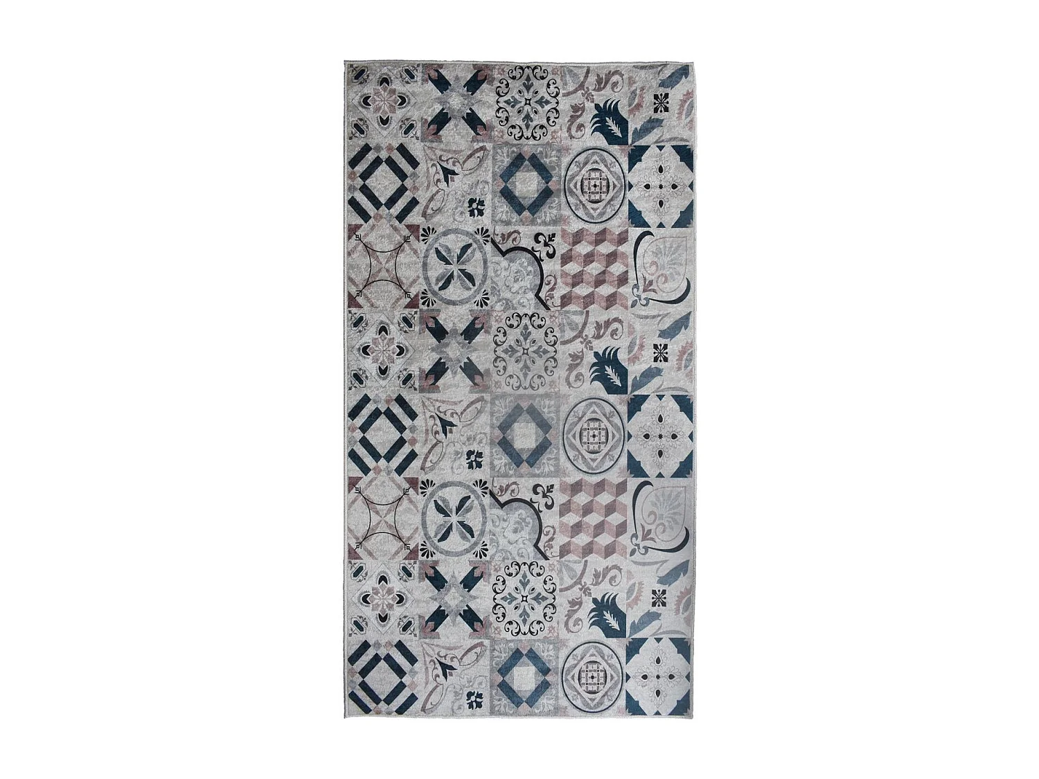 Tapis couloir 80x300 marron et bleu motif carreaux de ciment LYN11 CAROMENT A