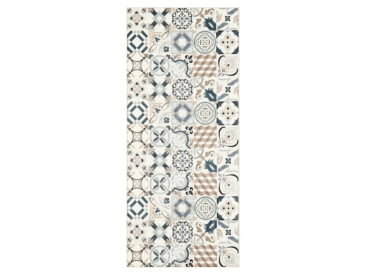 Tapis couloir 80x300 marron et bleu motif carreaux de ciment LYN11 CAROMENT A