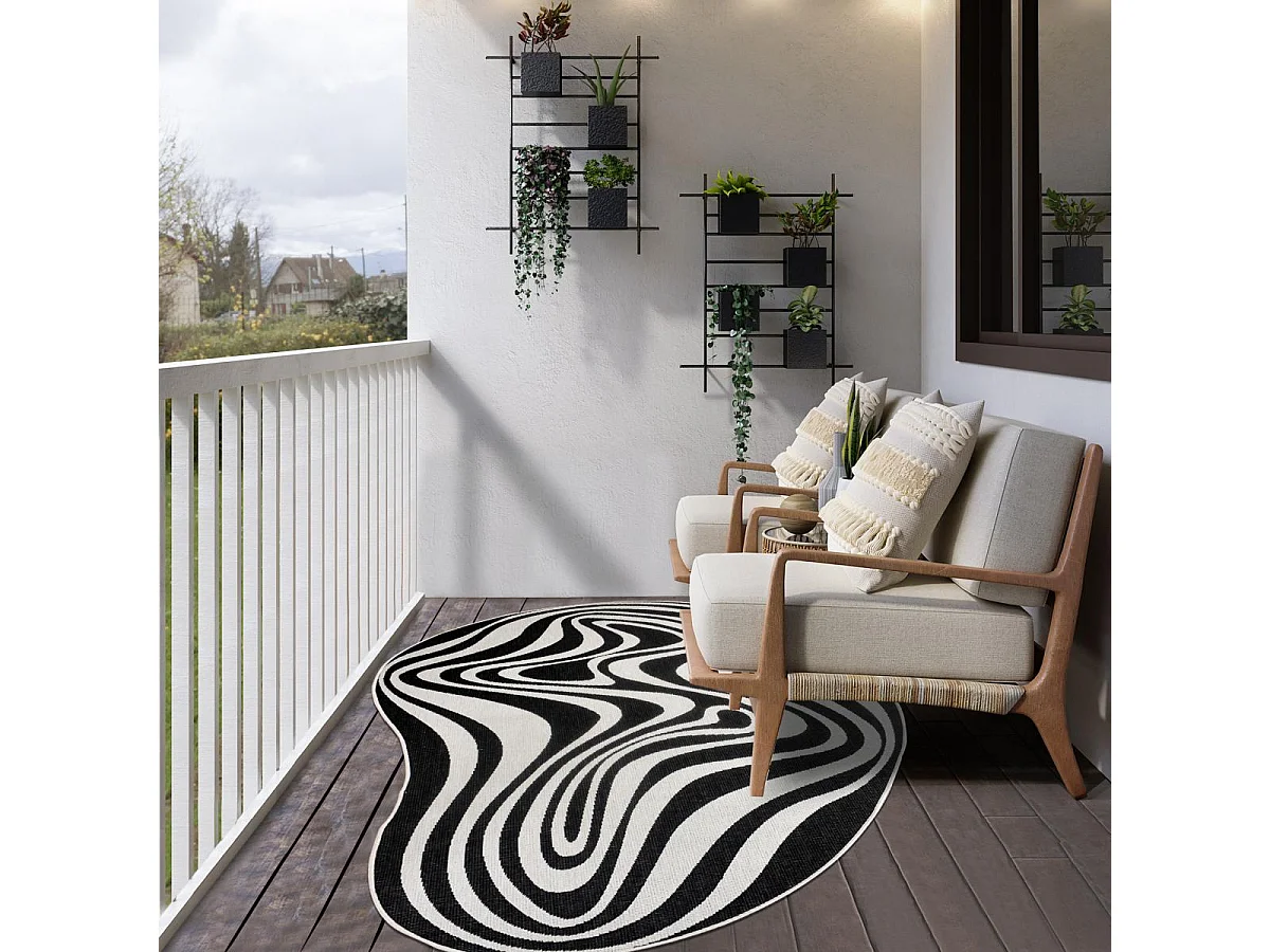 Tapis rond d'extérieur, kilim reversible 120x170 LYN2 W REVERSIBLE noir et blanc