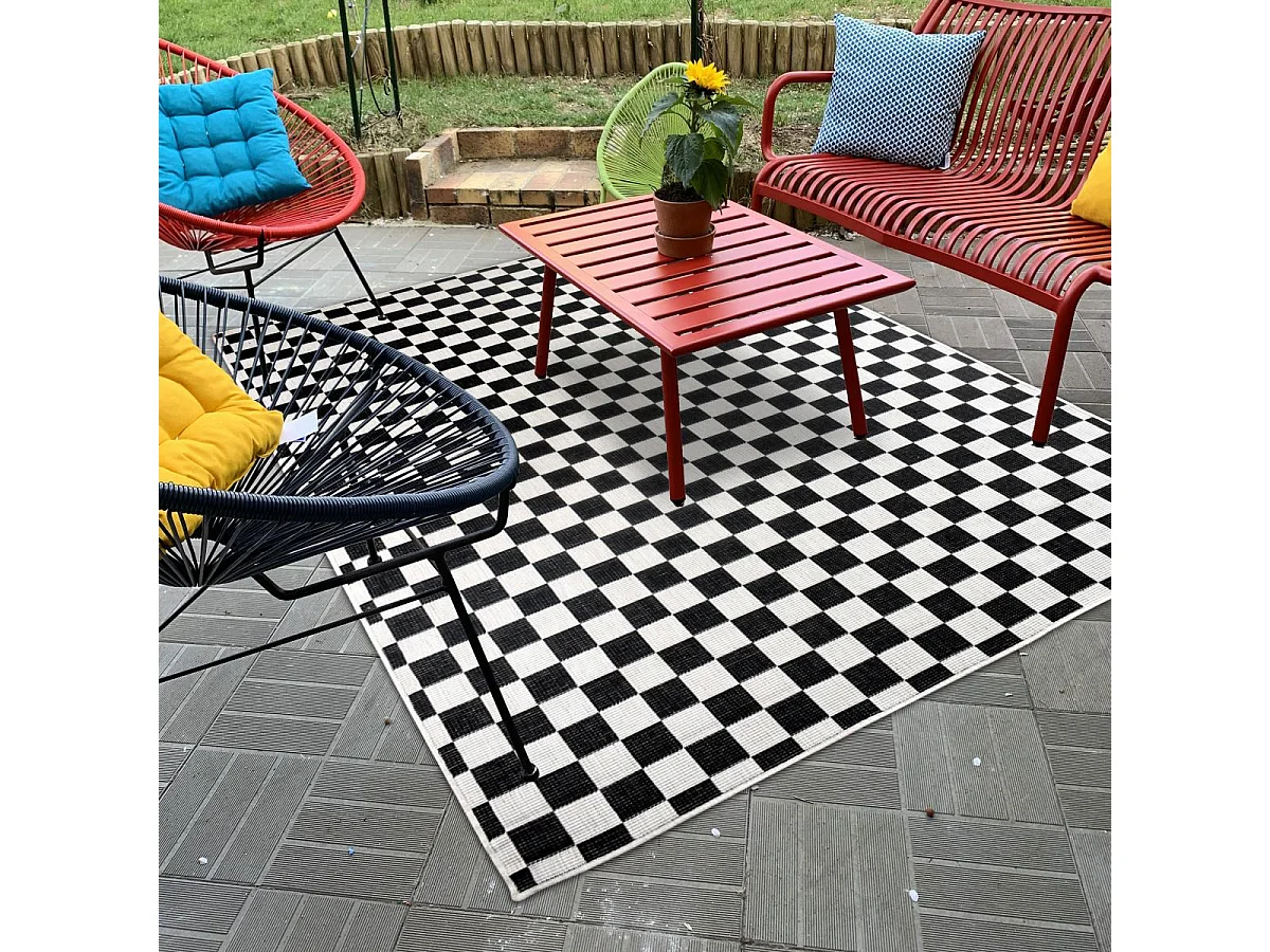 Tappeto da esterno, kilim reversibile 120x170 motivo a scacchiera EX1 DALMA bianco e nero