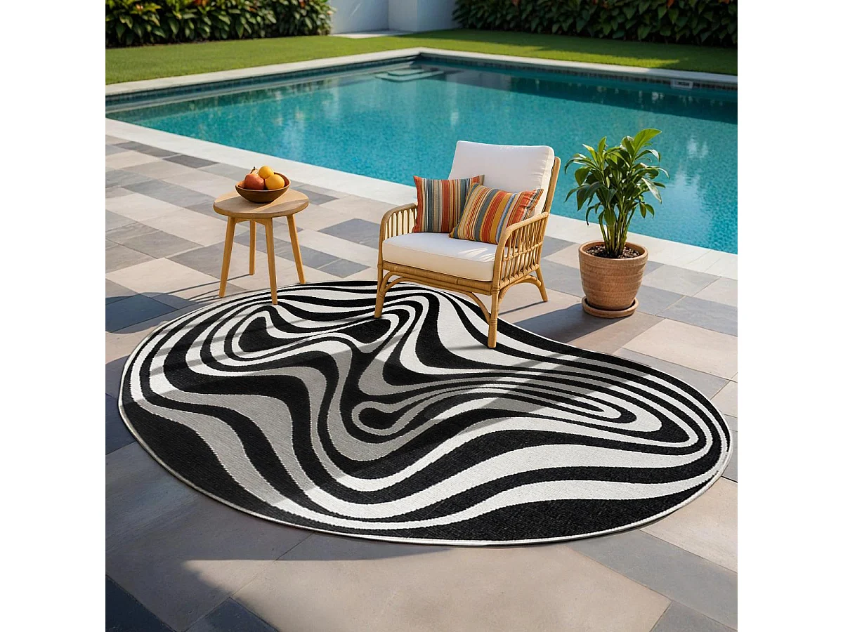 Tapis rond d'extérieur, kilim reversible 200x290 LYN2 W REVERSIBLE noir et blanc