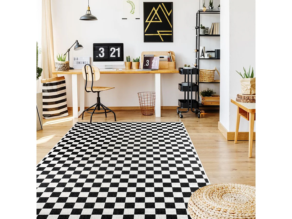 Tapis extérieur, kilim reversible 160x230 motif damier LYN2 X REVERSIBLE noir et blanc