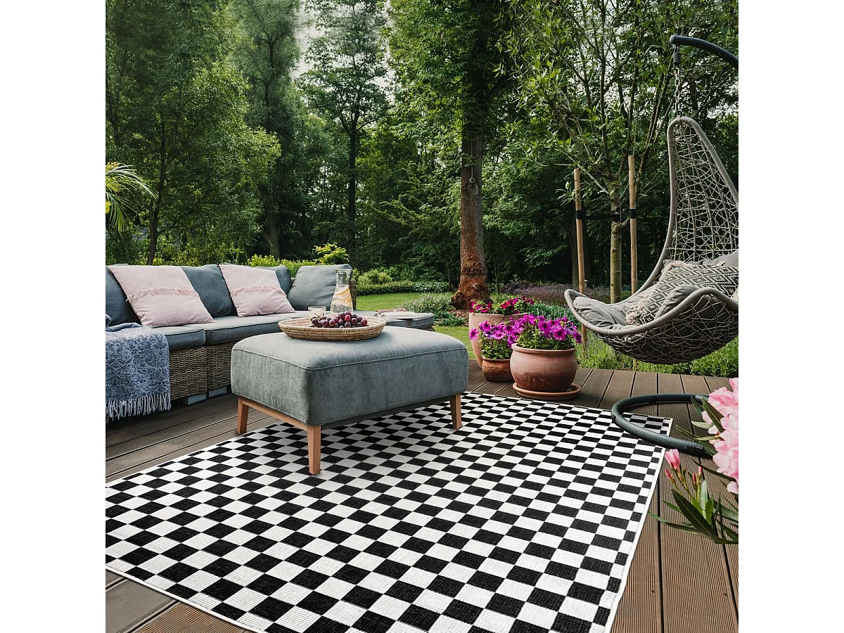 Tapis extérieur, kilim reversible 160x230 motif damier LYN2 X REVERSIBLE noir et blanc