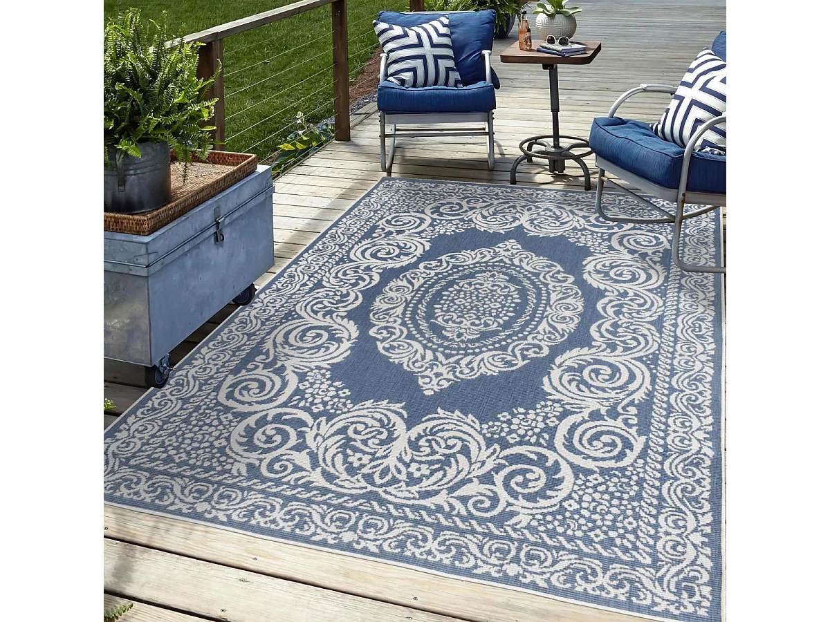 Tappeto da esterno, kilim reversibile 120x170 EX1 BORI blu e bianco