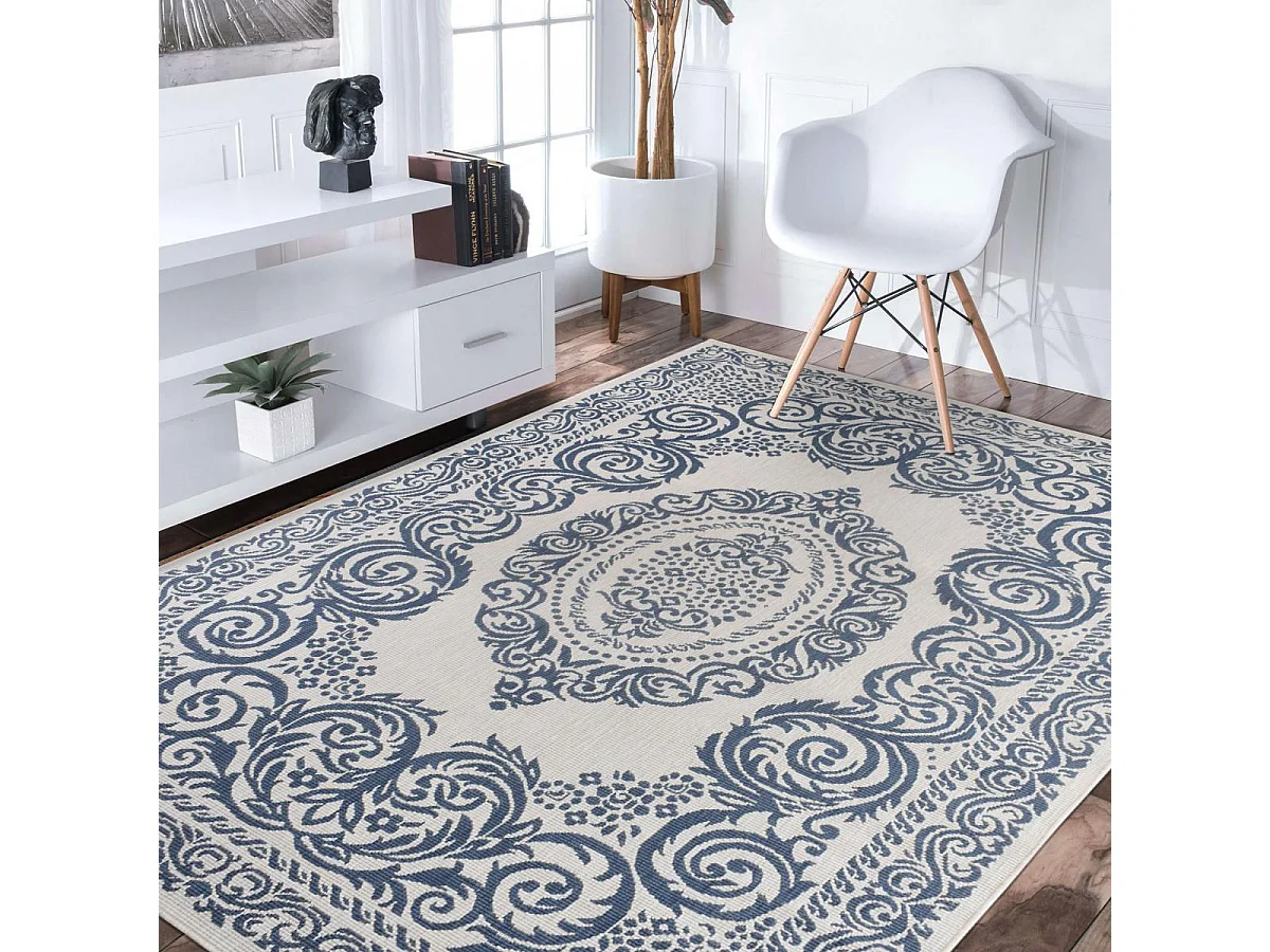 Tappeto da esterno, kilim reversibile 120x170 EX1 BORI blu e bianco