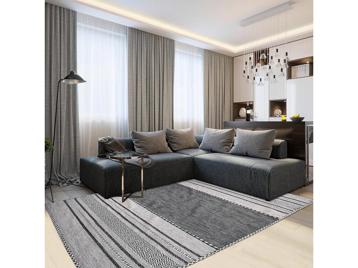 Tappeto Kilim 80x150 rettangolo realizzato a mano in cotone grigio e nero fantasia etnica