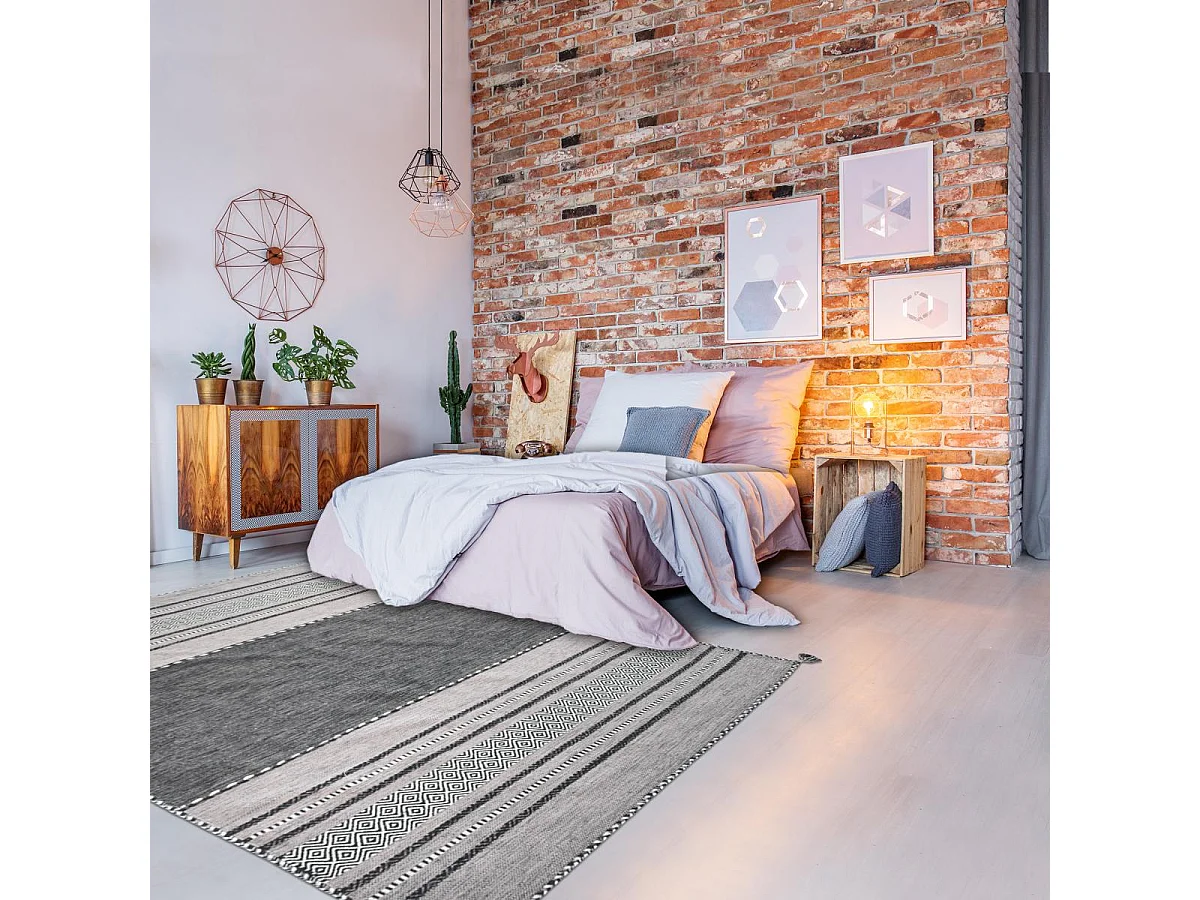 Tappeto Kilim 80x150 rettangolo realizzato a mano in cotone grigio e nero fantasia etnica