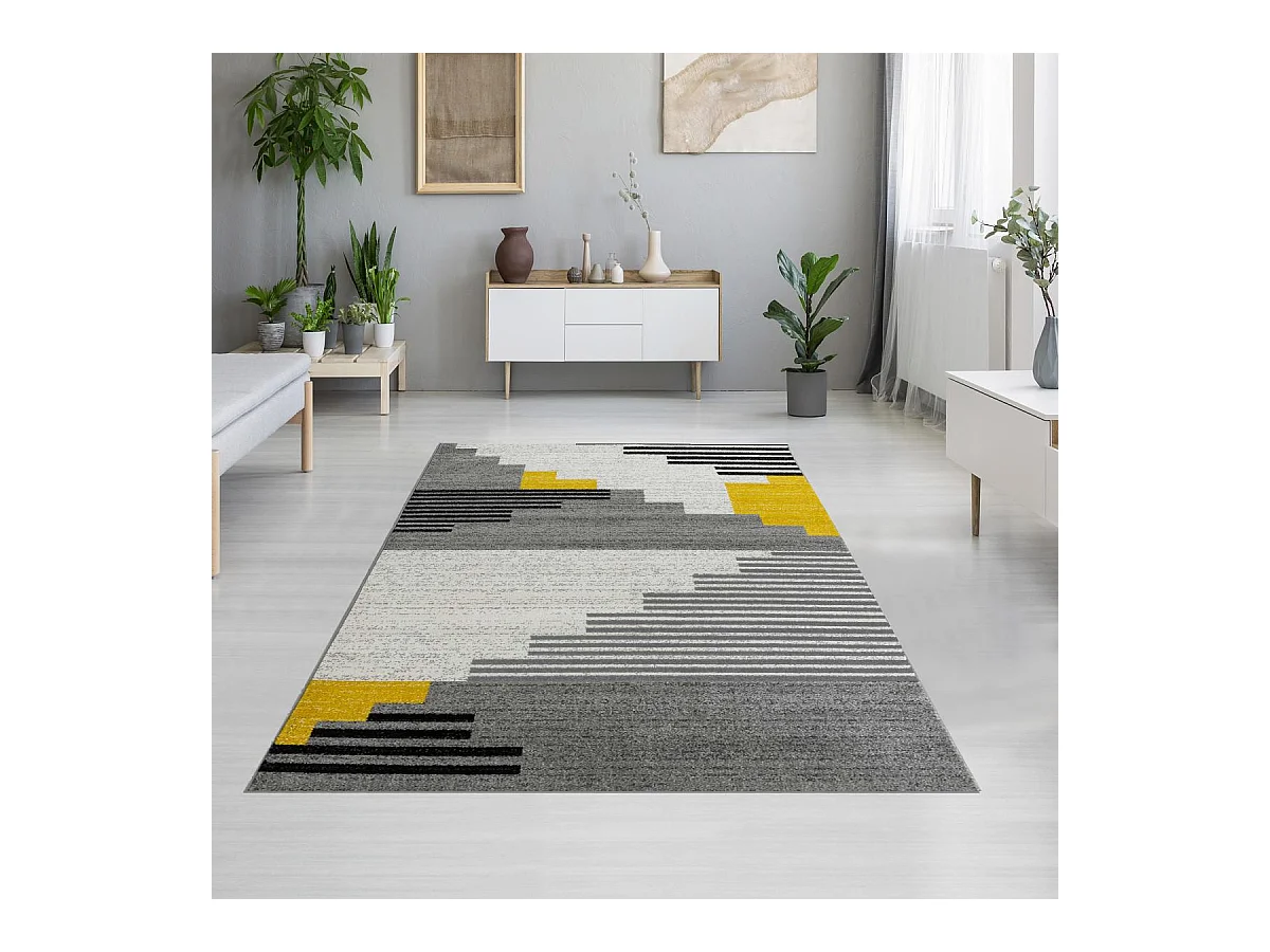 tapis entrée 50x80 tissé jaune et blanc rectangle motif géométrique NOTAR