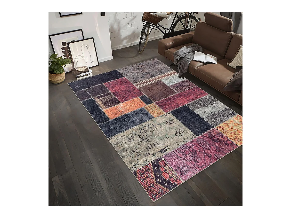 tapis grand salon 200x290 tissé orange et noir rectangle motif oriental AKIOK