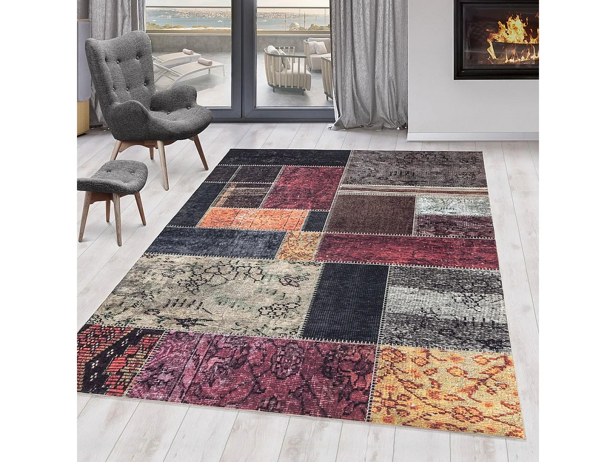 alfombra de salón grande 200x290 tejida con motivos orientales rectangulares en naranja y negro AKIOK