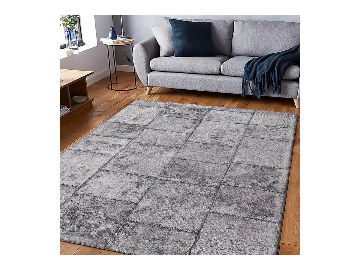 Tapis kilim 240x340 rectangle tissé en coton gris motif géométrique PATSHY