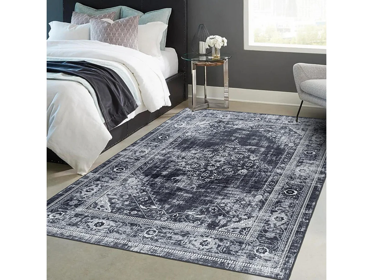 Tapis orient 140x200 rectangle noir tissé motifs orientaux AKIAK