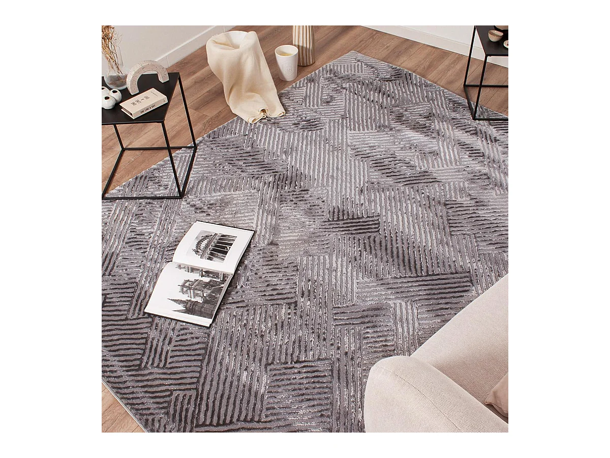 tapis chambre 80x150 tissé gris rectangle motif géométrique CEROTEO