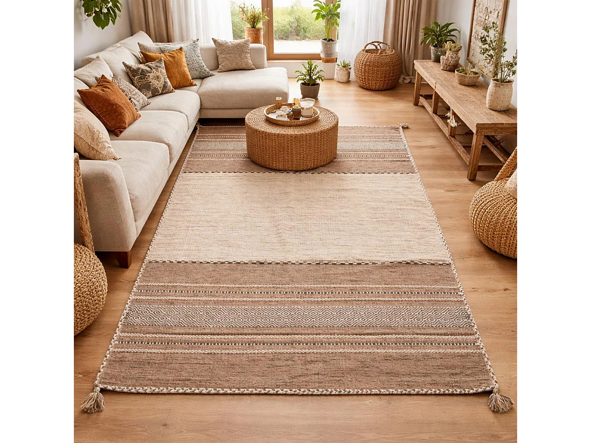 Tapis kilim 120x170 rectangle fait main en coton beige et marron