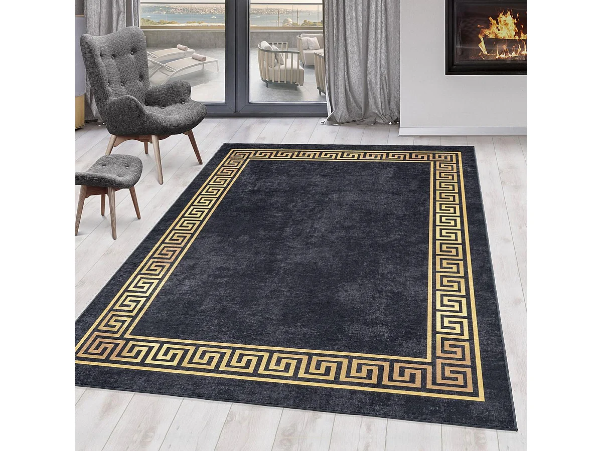 Tapis orient 120x170 rectangle noir et beige tissé motifs orientaux HUSLIA