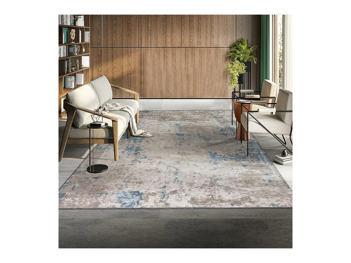 Tapis kilim 200x250 rectangle tissé en coton gris et bleu motif abstrait