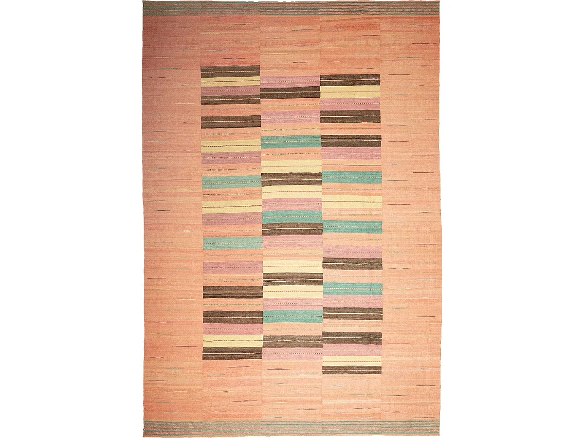 Authentique tapis d'Orient 257x380 kilim fait main en laine orange et bleu A 7