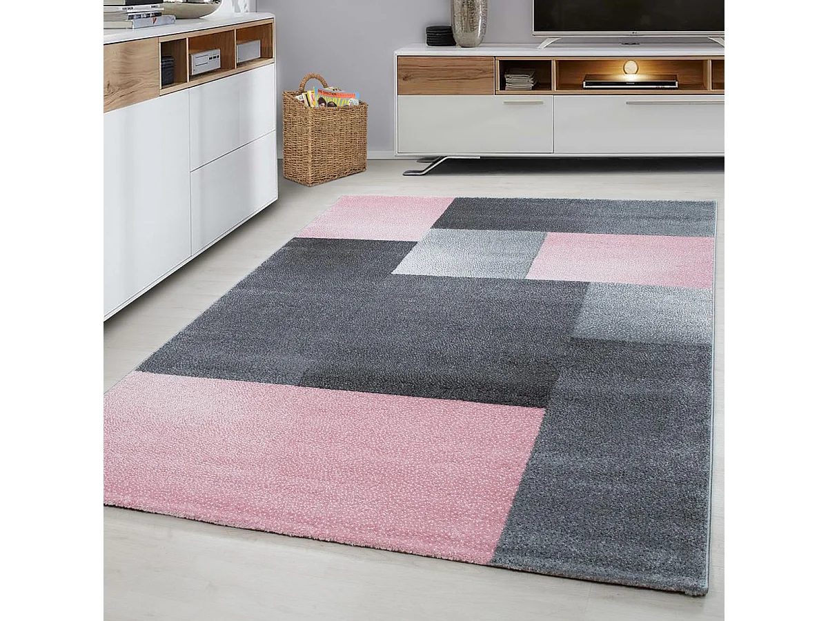 tapis grand salon 240x340 tissé rose et gris rectangle motif géométrique KARLUK