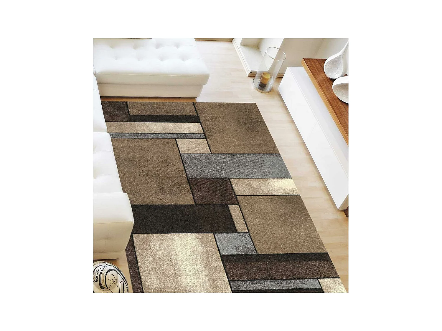 tapis salle de réception 200x200 tissé beige carré motif géométrique LYN8 GEOME