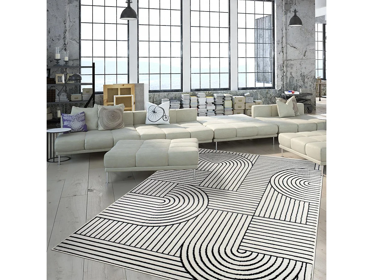 tapis salon 160x225 tissé crème rectangle motif géométrique LYN1 COURLI