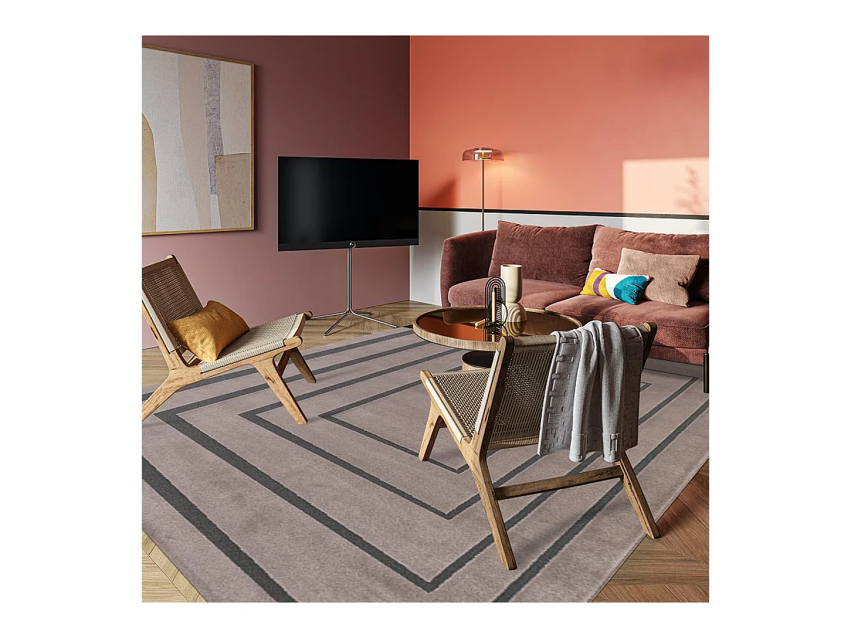 tapis chambre 160x230 tissé rose et noir rectangle motif géométrique PLAZA