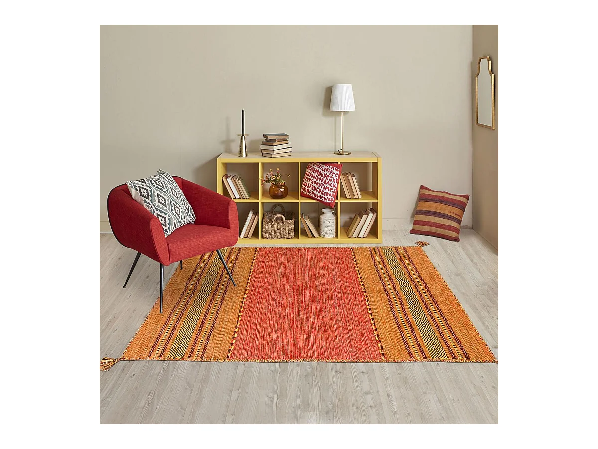Tapis kilim 80x150 rectangle fait main en coton terra et rouge motif ethnique