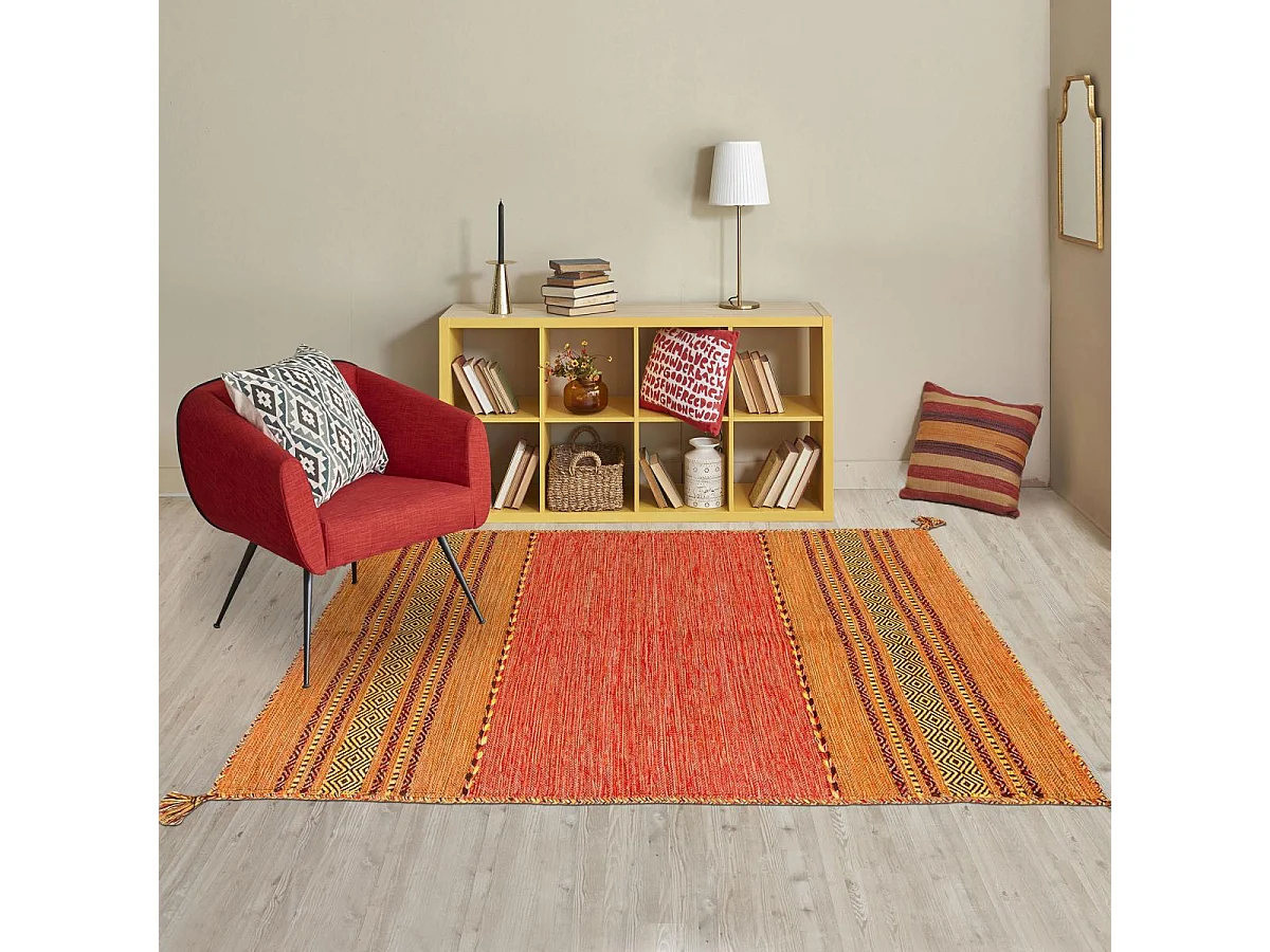 Tapis kilim 80x150 rectangle fait main en coton terra et rouge motif ethnique
