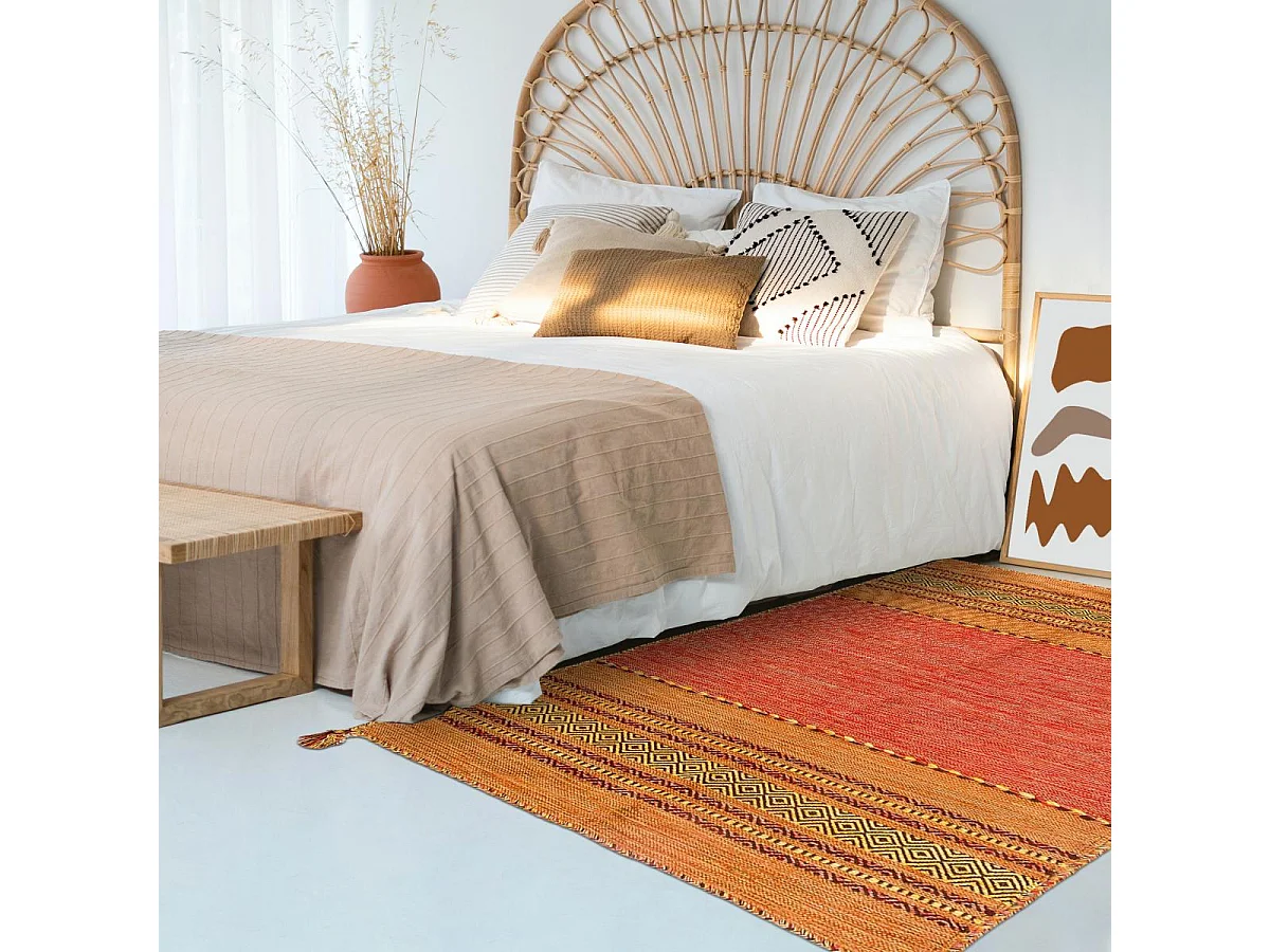 Tapis kilim 80x150 rectangle fait main en coton terra et rouge motif ethnique
