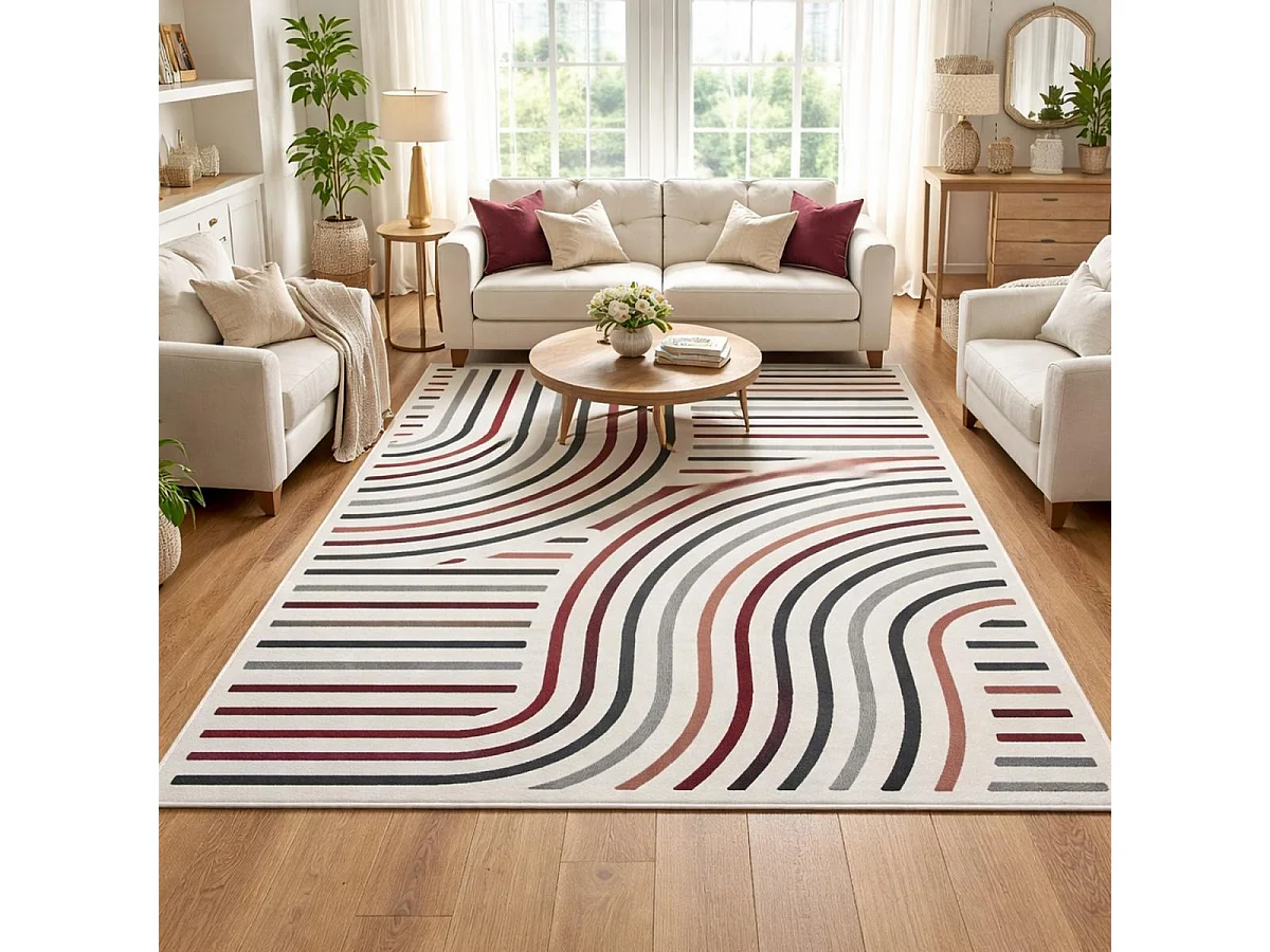 tapis chambre 80x150 tissé rouge et crème rectangle motif géométrique LYN49 MUCOUR