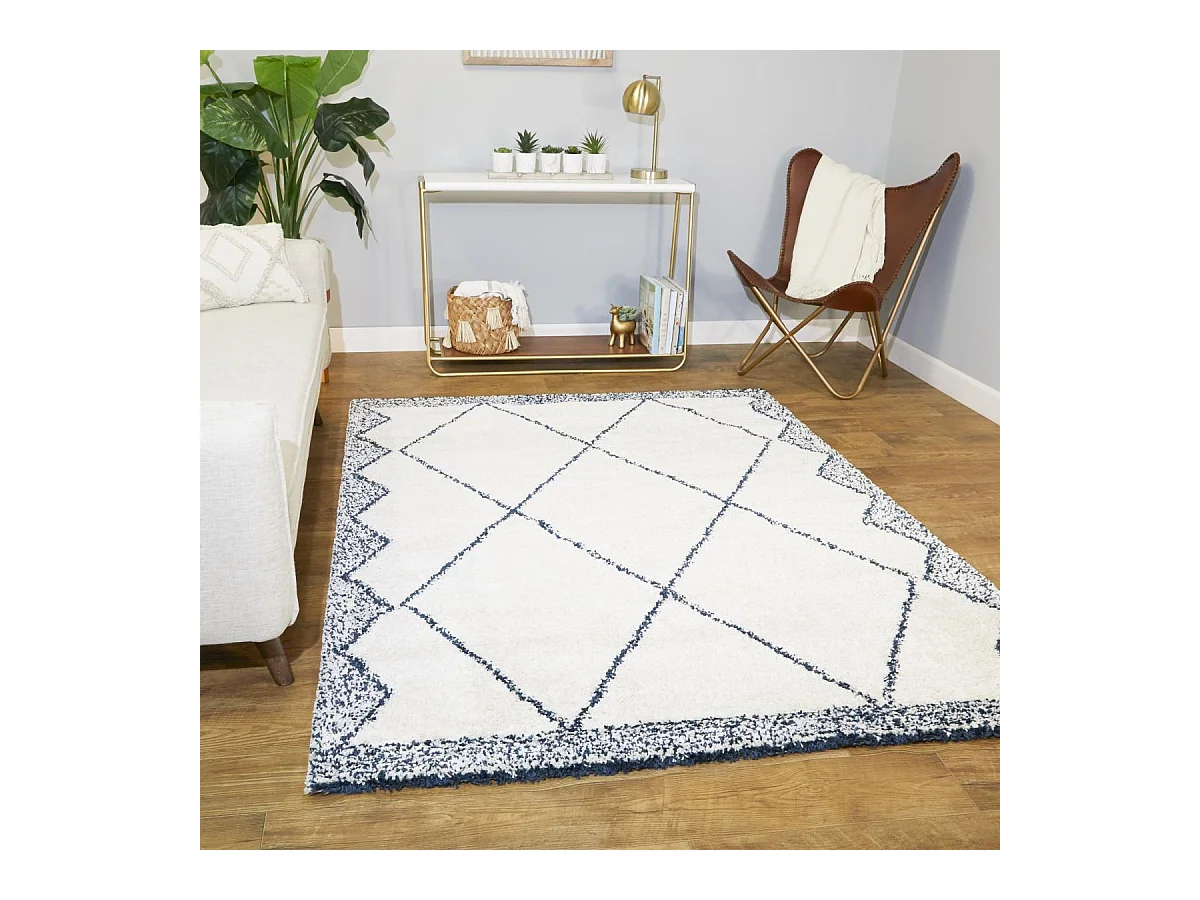 tapis salon 160x213 tissé blanc et bleu rectangle motif berbère CALYPSO 1