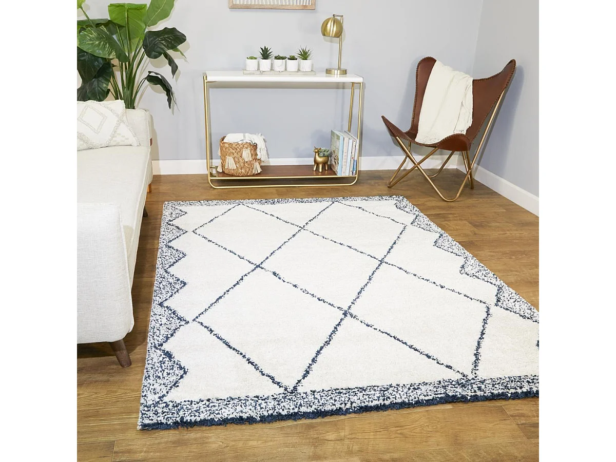 tapis salon 160x213 tissé blanc et bleu rectangle motif berbère CALYPSO 1