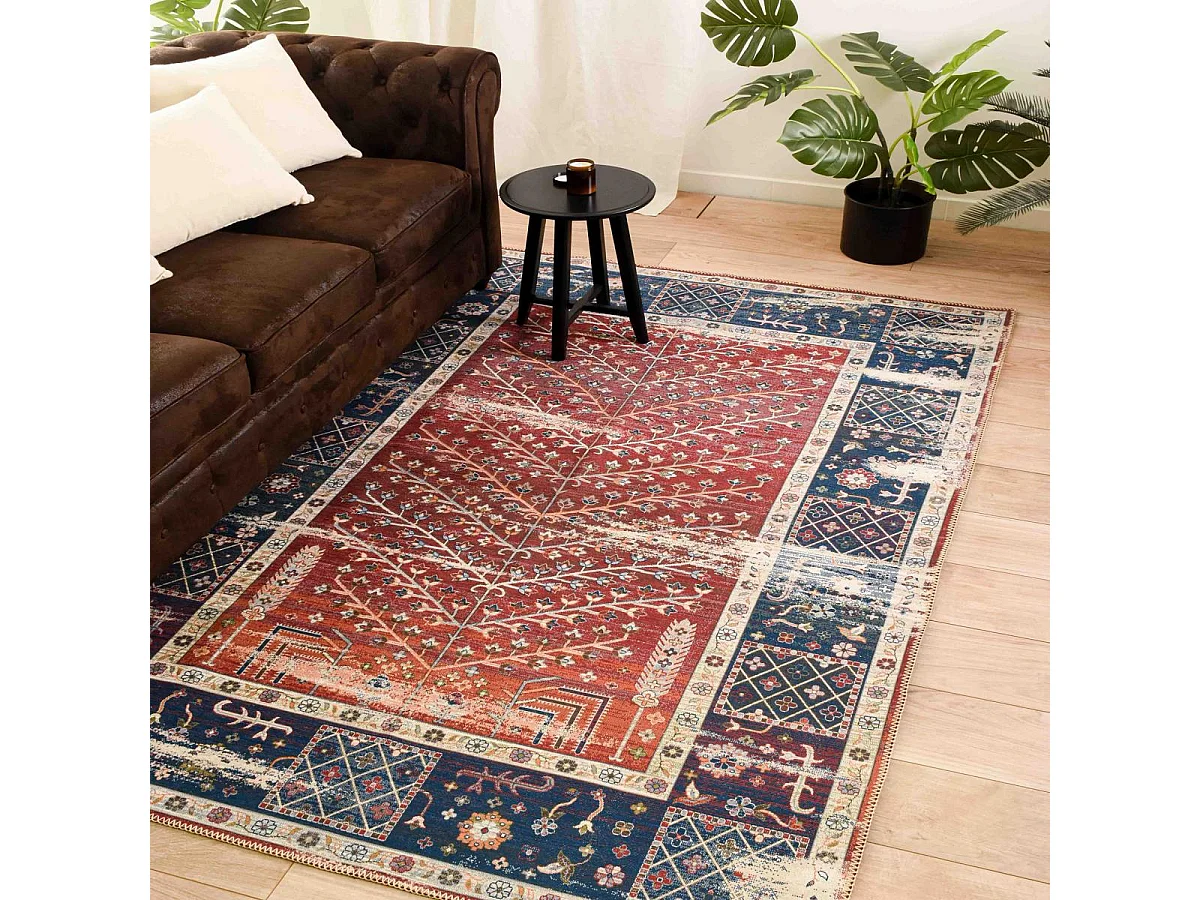 tapis salle à manger 67x100 tissé rouge et bleu rectangle motif baroque SPENO 2