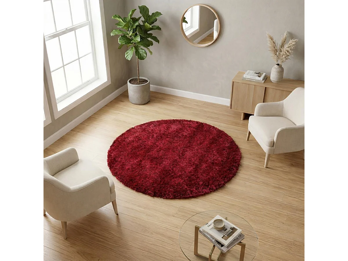 Tapis rond shaggy Ø140cm fait main rouge motif uni MALAIDORY