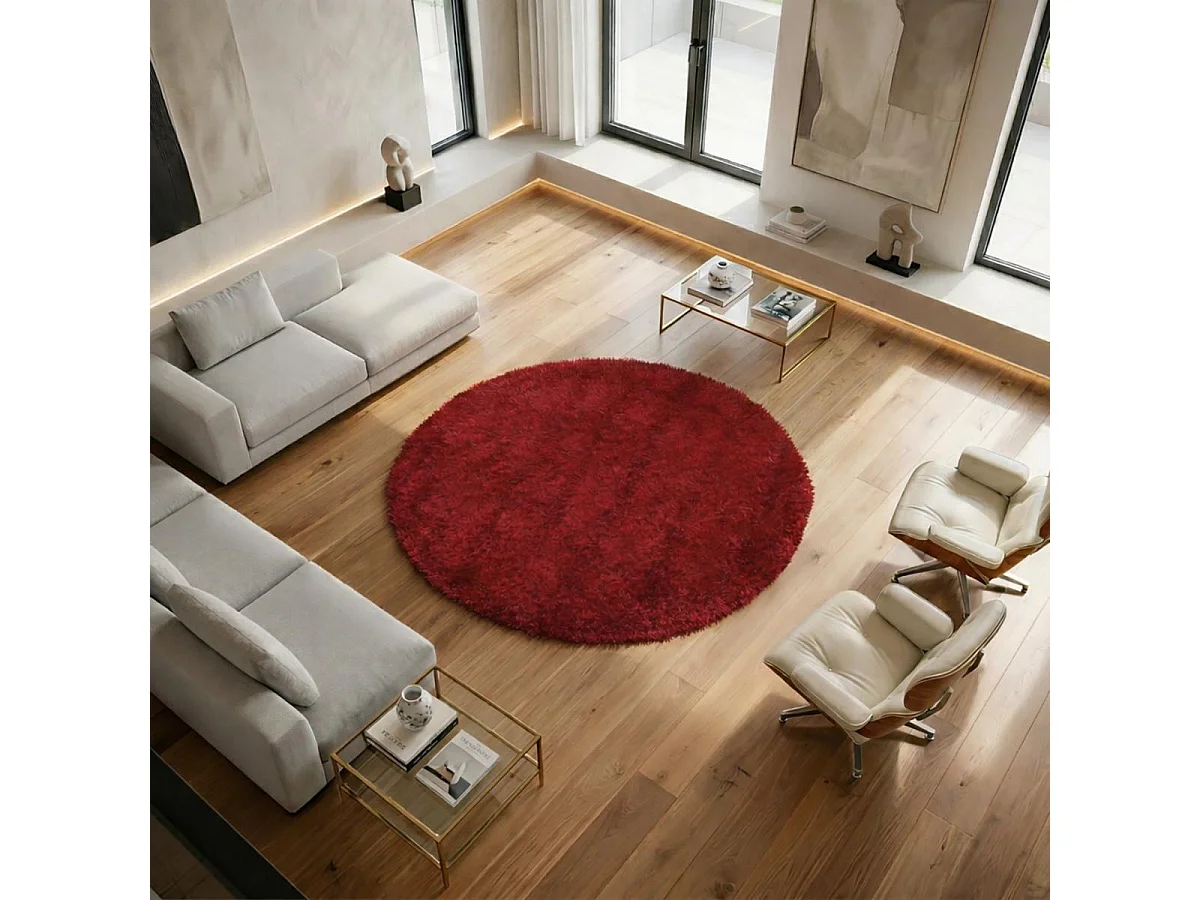 Tapis rond shaggy Ø140cm fait main rouge motif uni MALAIDORY