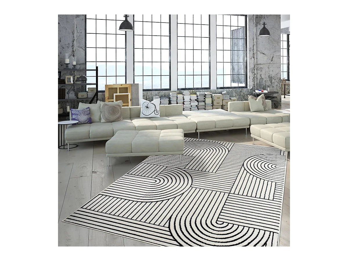 tapis salon 120x170 tissé crème rectangle motif géométrique LYN1 COURLI