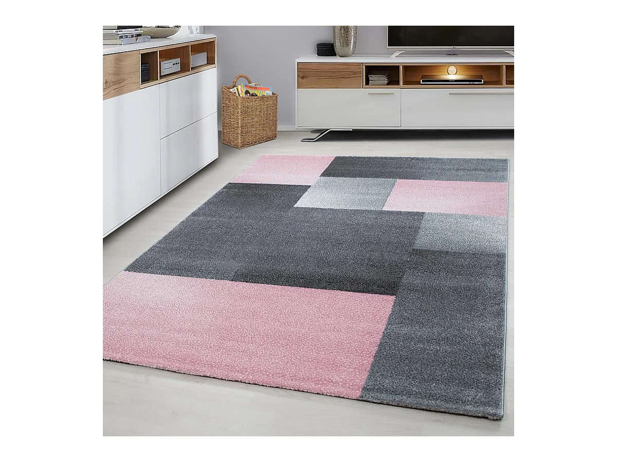 tapis entrée 80x150 tissé rose et gris rectangle motif géométrique KARLUK