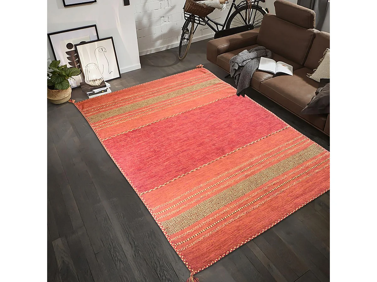 Tapis kilim 200x290 rectangle fait main en coton rouge et beige
