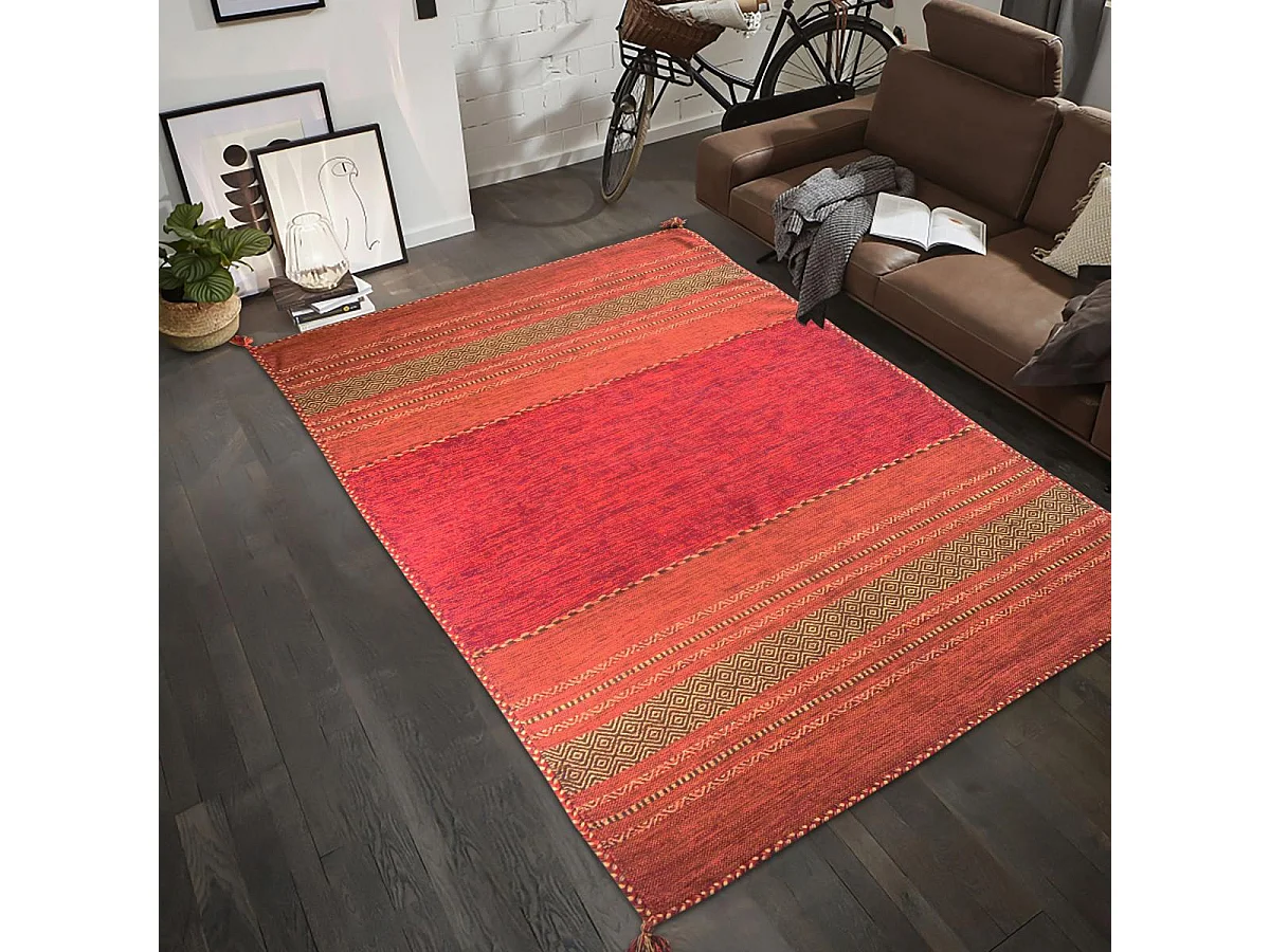 Tapis kilim 200x290 rectangle fait main en coton rouge et beige