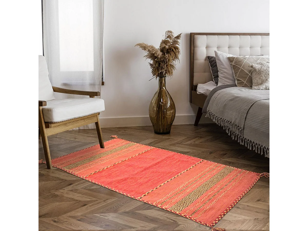 Tapis kilim 200x290 rectangle fait main en coton rouge et beige